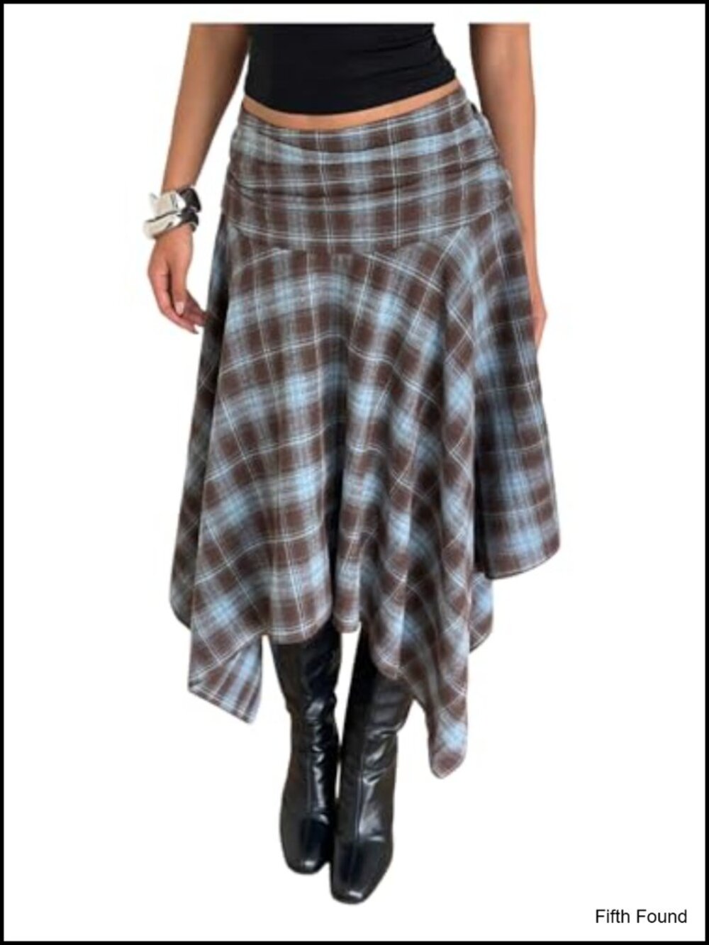 Plaid Midi Skirt Asymmetrical Ruffle Hem Low Rise Flowy Y2K